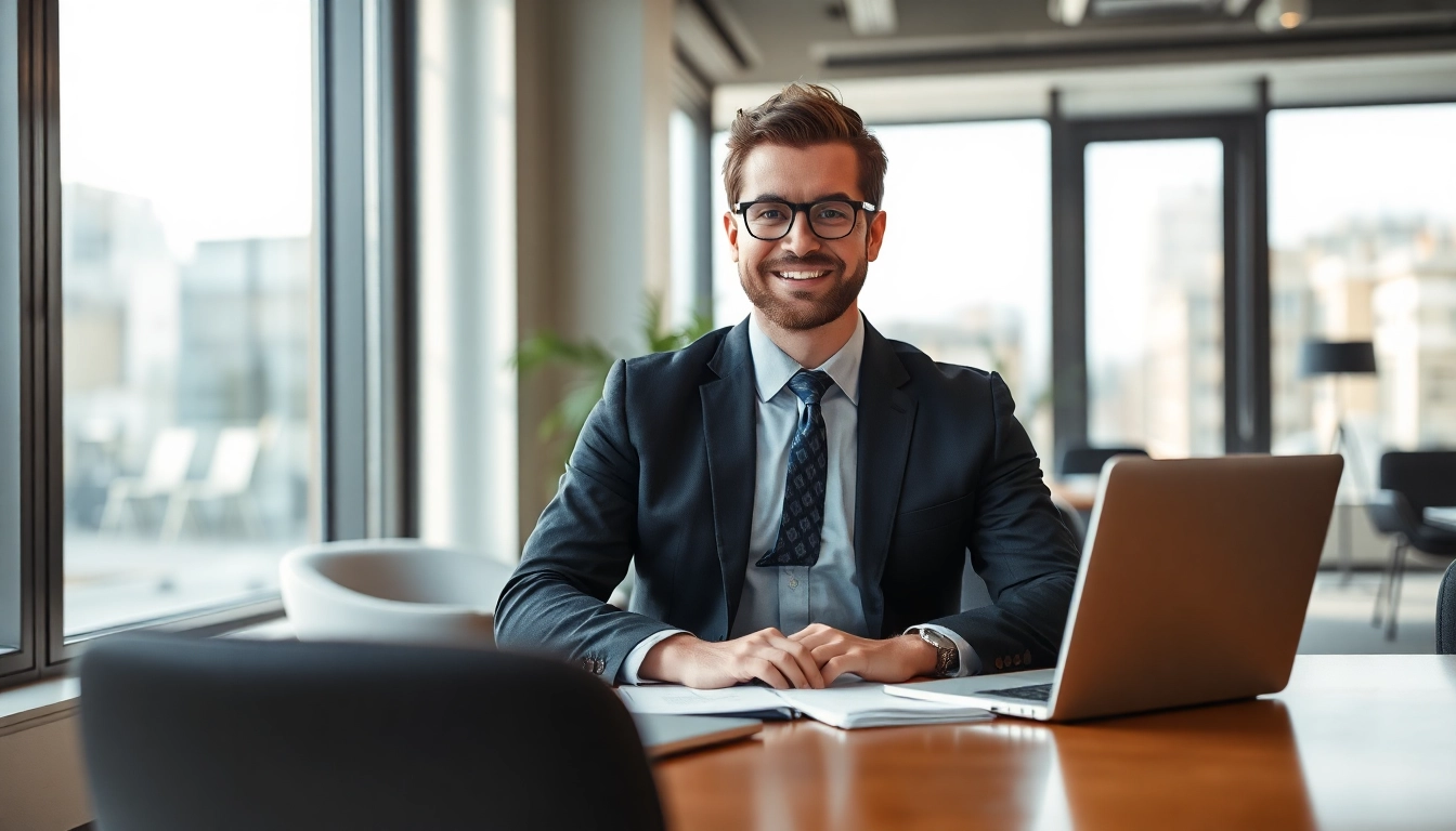 Professioneller Headhunter Berlin in modernem Büro bei der Arbeit, umgeben von Lebensläufen und Laptop.