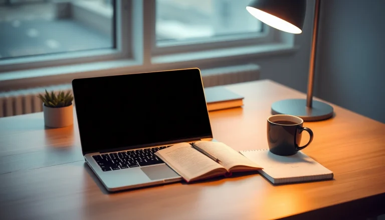 Online Ratgeber zur effektiven Nutzung digitaler Ressourcen auf einem modernen Schreibtisch.