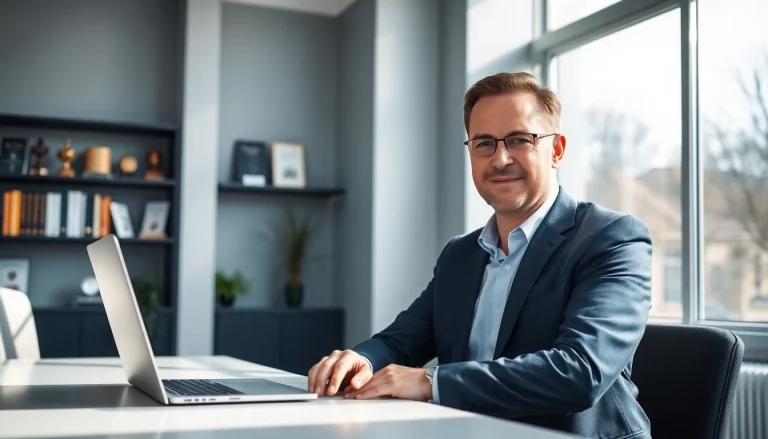 Porträt eines Headhunter Solingen in einem modernen Büro mit Laptop und Akten.