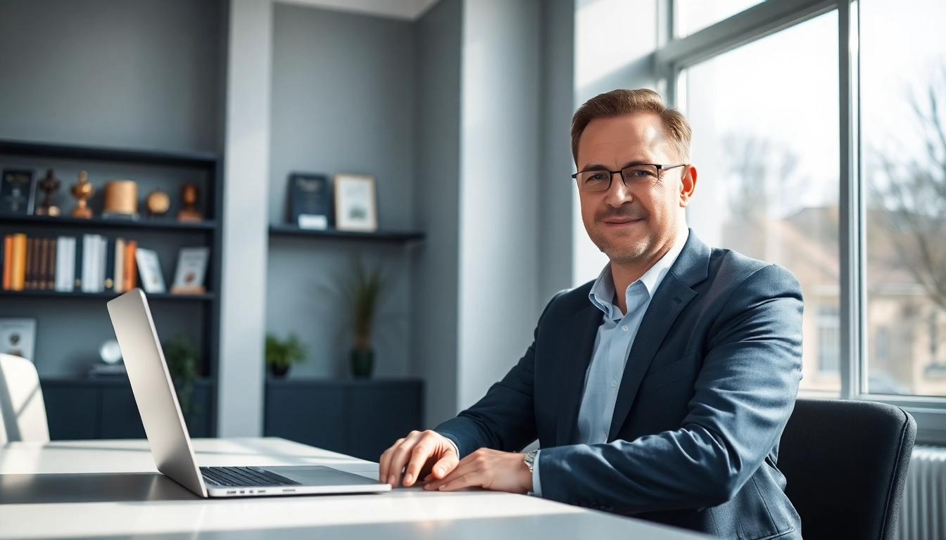 Porträt eines Headhunter Solingen in einem modernen Büro mit Laptop und Akten.