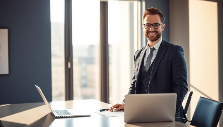 Headhunter Dresden in einem modernen Büro bei der Arbeit, umgeben von Notizen und Technologie.