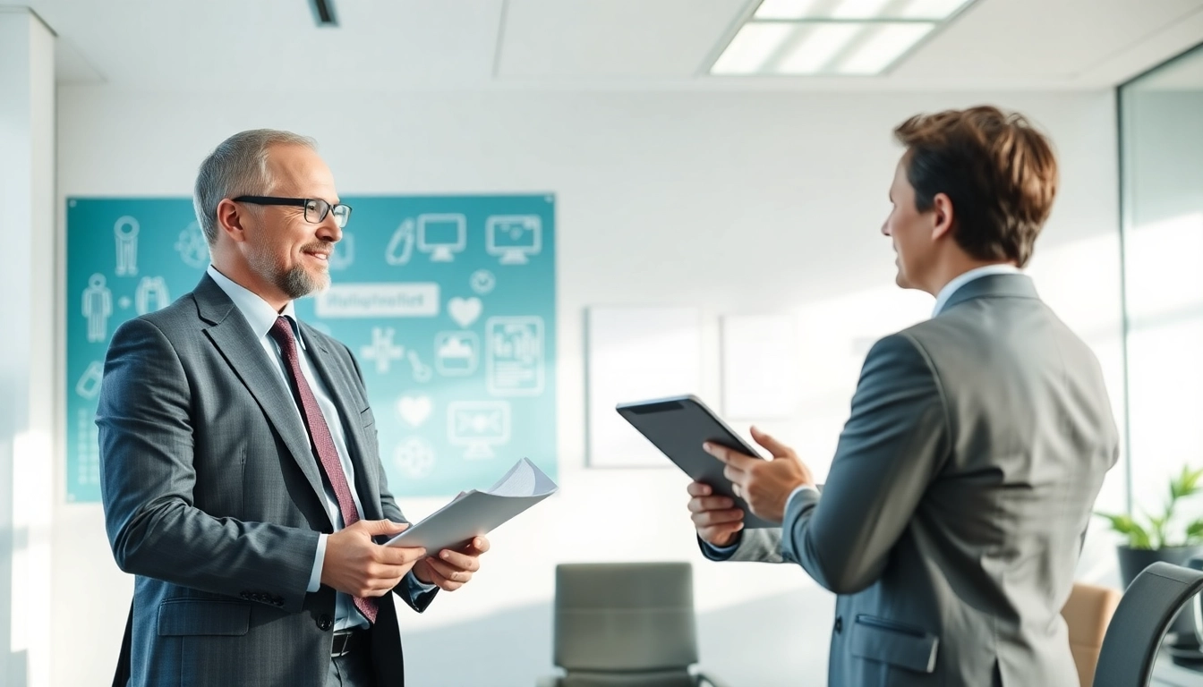 Headhunter Gesundheitswesen im Gespräch mit einem Bewerber in einem modernen Büro, das Vertrauen und Professionalität ausstrahlt.