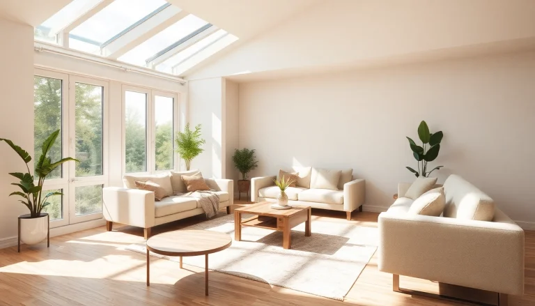 Räumliche Gestaltung eines modernen Wohnzimmers mit hellem Licht und minimalistischen Möbeln.