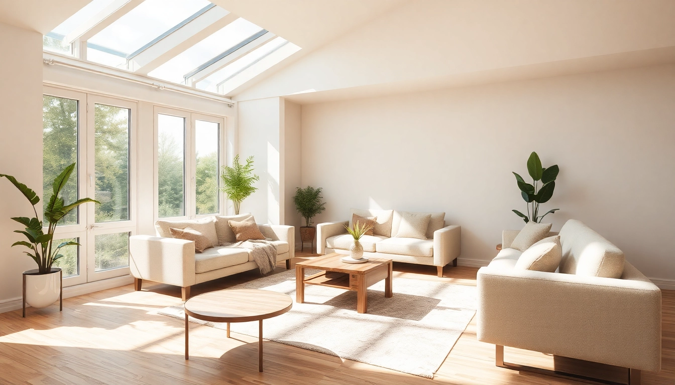 Räumliche Gestaltung eines modernen Wohnzimmers mit hellem Licht und minimalistischen Möbeln.