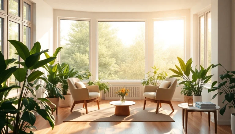 Szenische Darstellung einer Klinik für suchttherapie mit harmonischer Einrichtung und beruhigenden Farben.