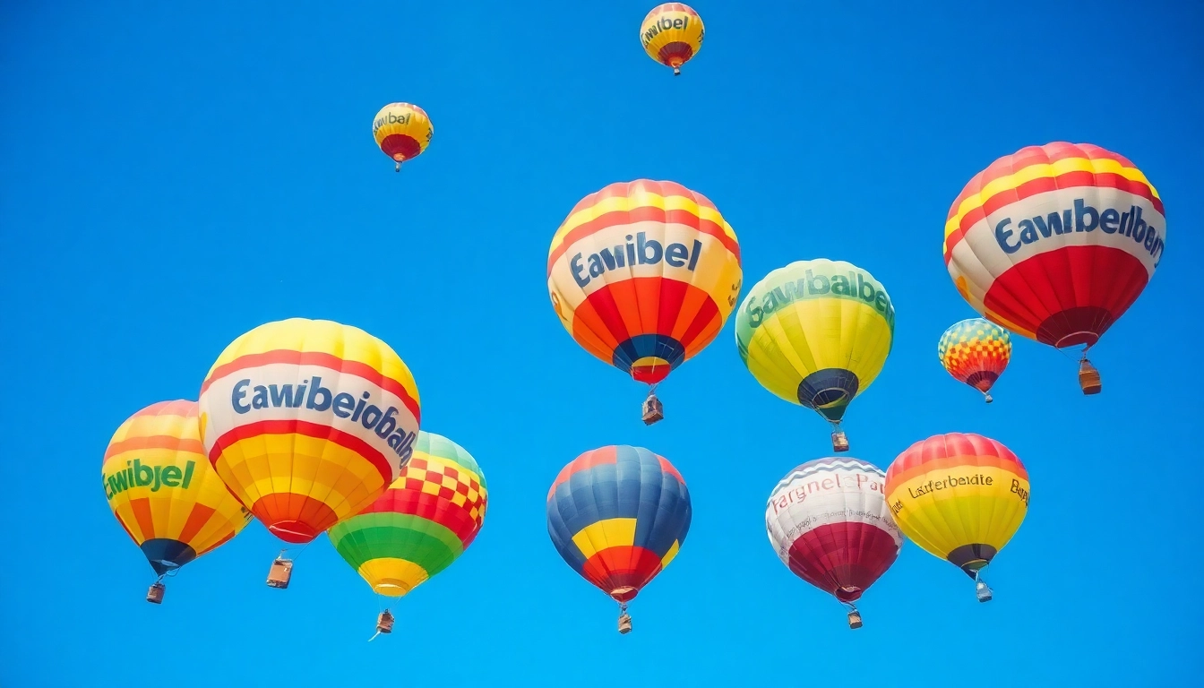 Luftballons bedrucken mit bunten Designs und Logos, die fröhlich in einem blauen Himmel schweben.
