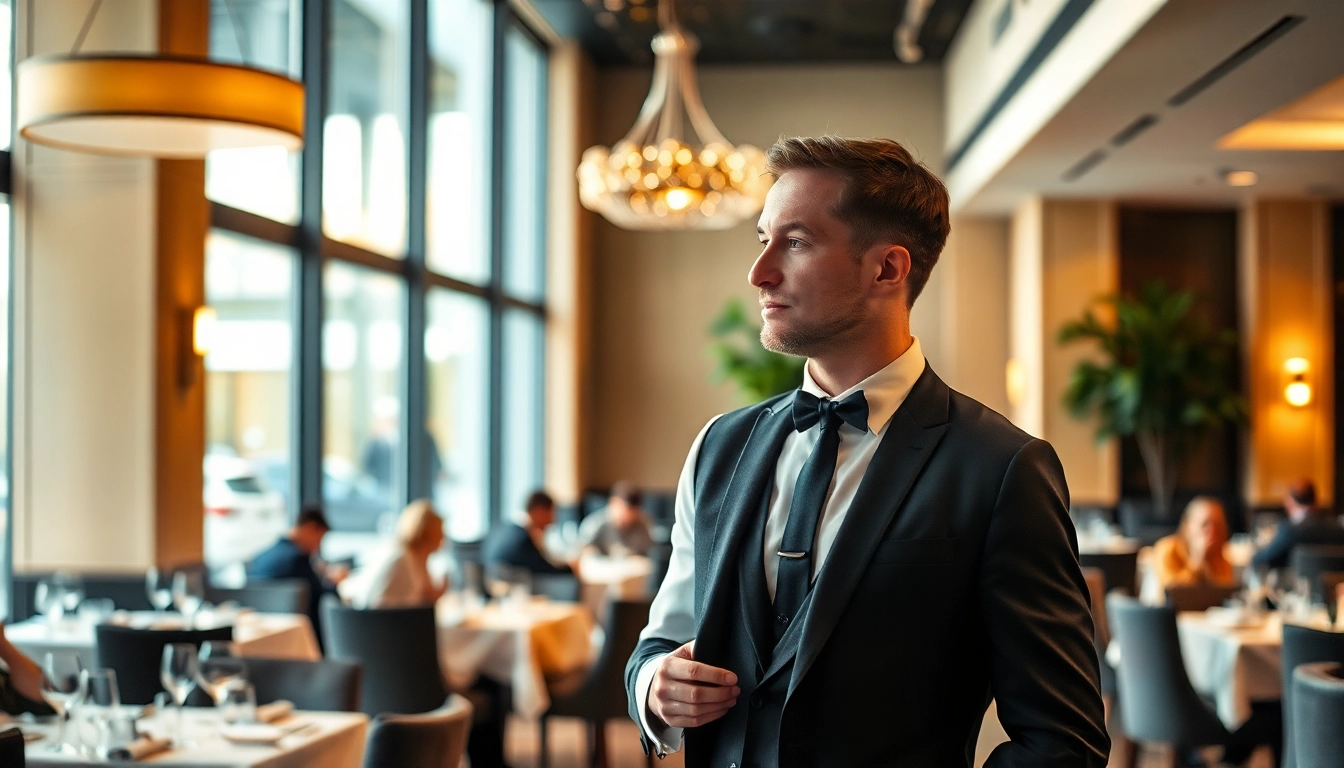 Headhunter Gastronomie in einem eleganten Restaurant im Gespräch mit einem Kellner, stilvolle Atmosphäre und moderne Einrichtung.