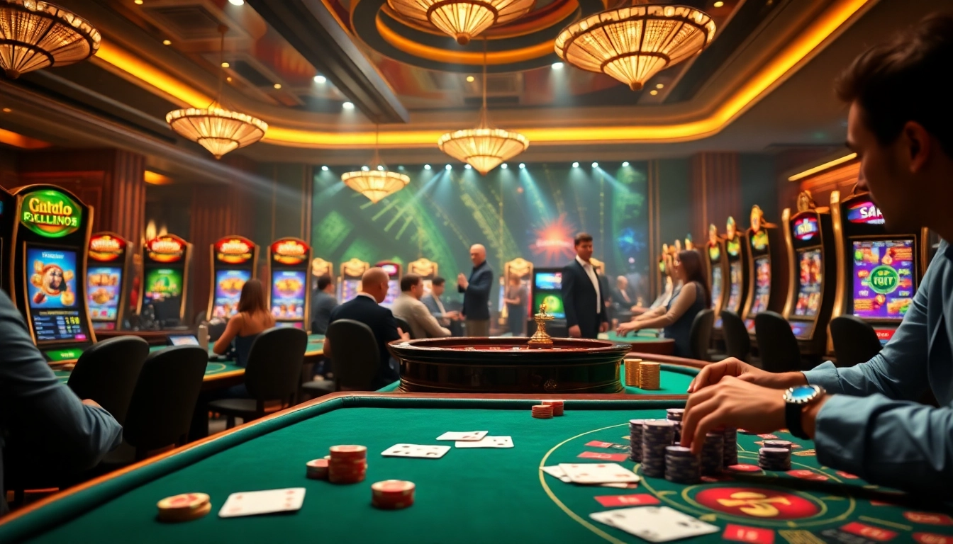 Exciting TK88 online gambling scene with casino tables, poker chips, and vibrant slot machines.