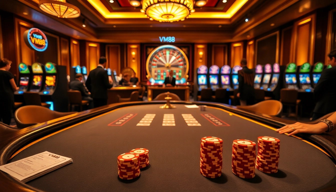 Experience the excitement of VM88's casino atmosphere with high-stakes poker and vibrant slot machines.