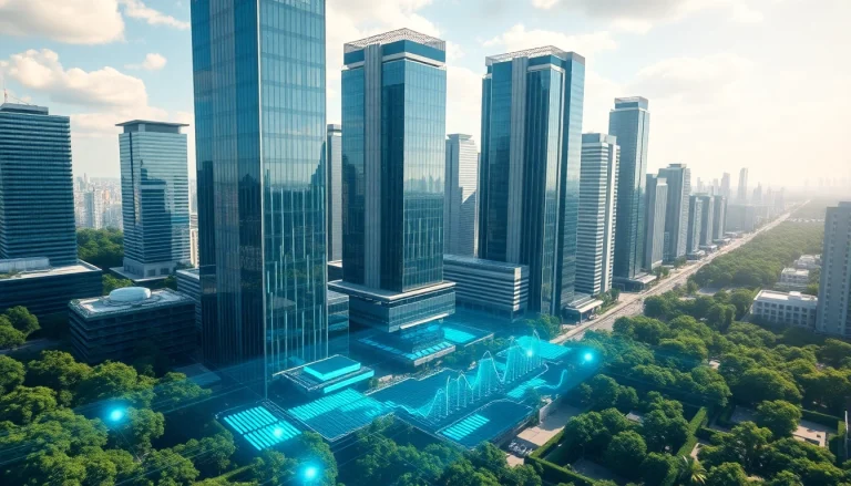 Technologie präsentiert in einer futuristischen Stadtlandschaft mit innovativen Elementen.