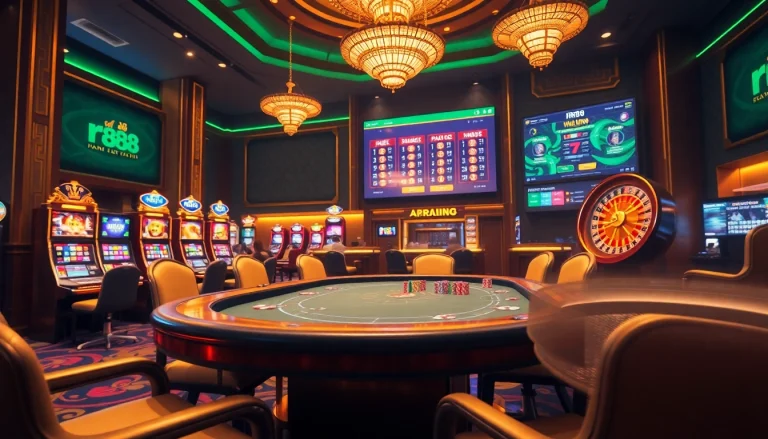 Experience the excitement of rr88 casino gaming with vibrant poker tables and slot machines.