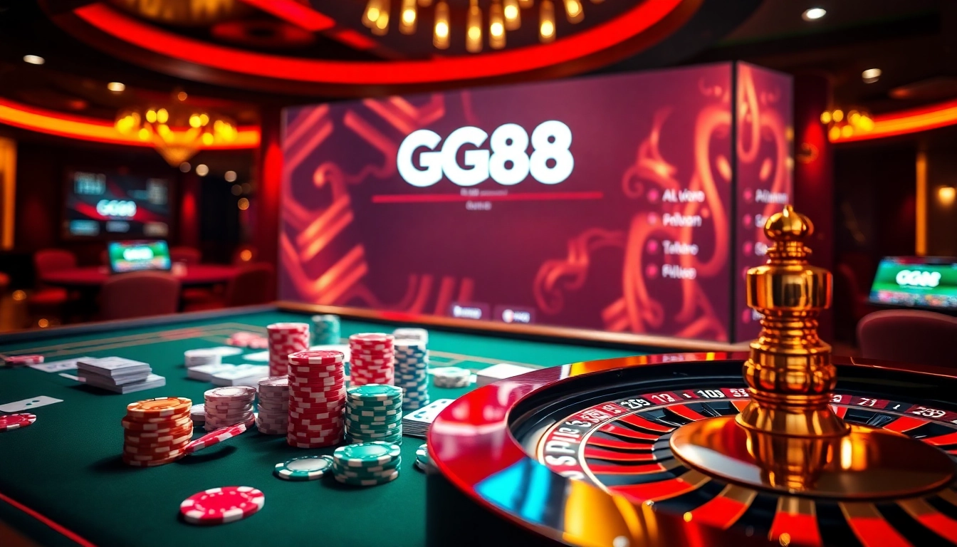 GG88 gaming experience with poker chips and cards on a stylish casino table.