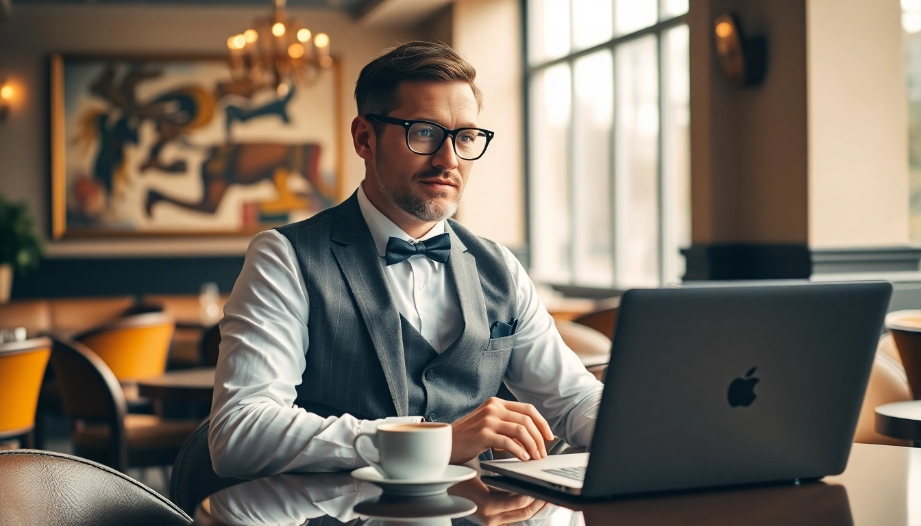 Headhunter Gastronomie berät in elegantem Restaurant mit Laptop.