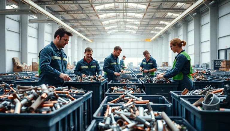 Schrotthandel Düsseldorf-Team sortiert Metalle in einem modernen Lager.