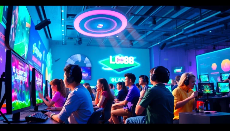 Dynamic gaming scene showcasing LC88 Land with vibrant colors and engaged players.