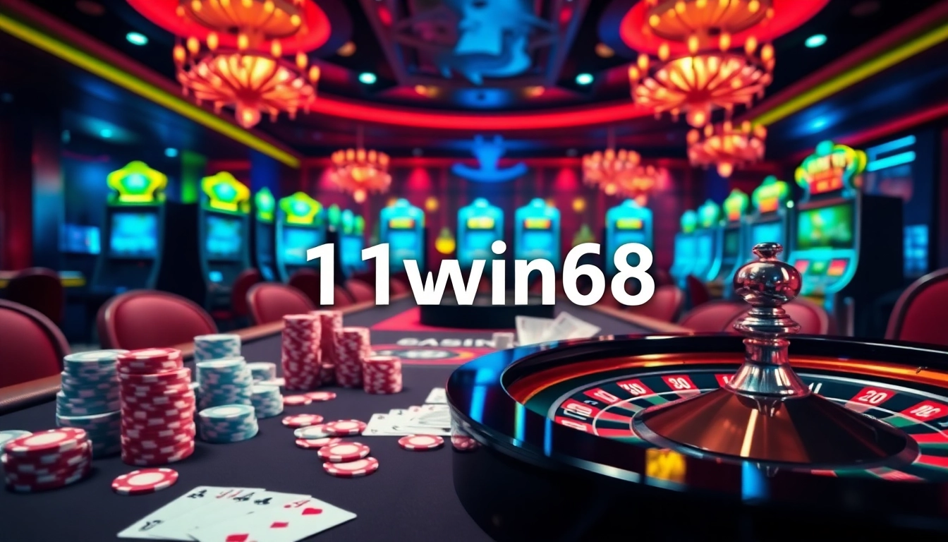 Join the excitement at 11win68 with vibrant poker chips and a lively casino atmosphere.