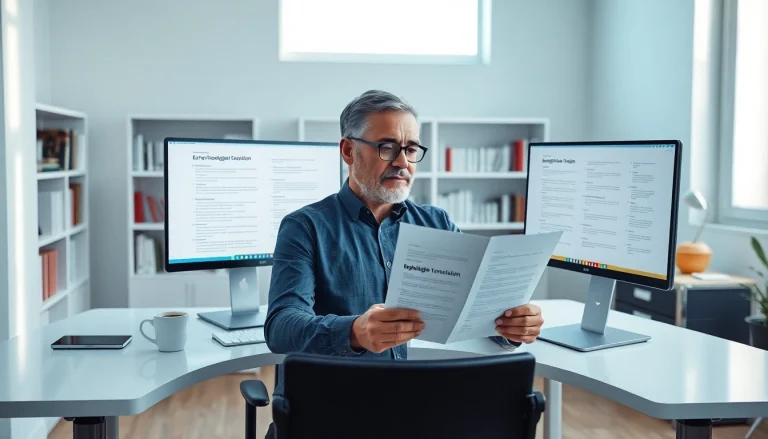 Professioneller Übersetzer überprüft ein Dokument mit der Aufschrift „Beglaubigte Übersetzung“ in einem modernen Büro.