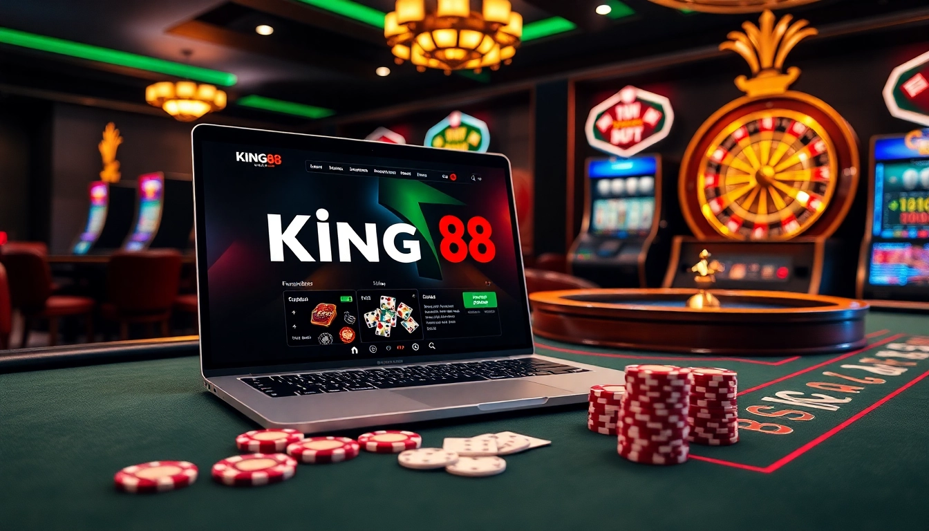Experience the thrill of King88 with luxurious casino settings featuring poker chips and a vibrant roulette wheel.