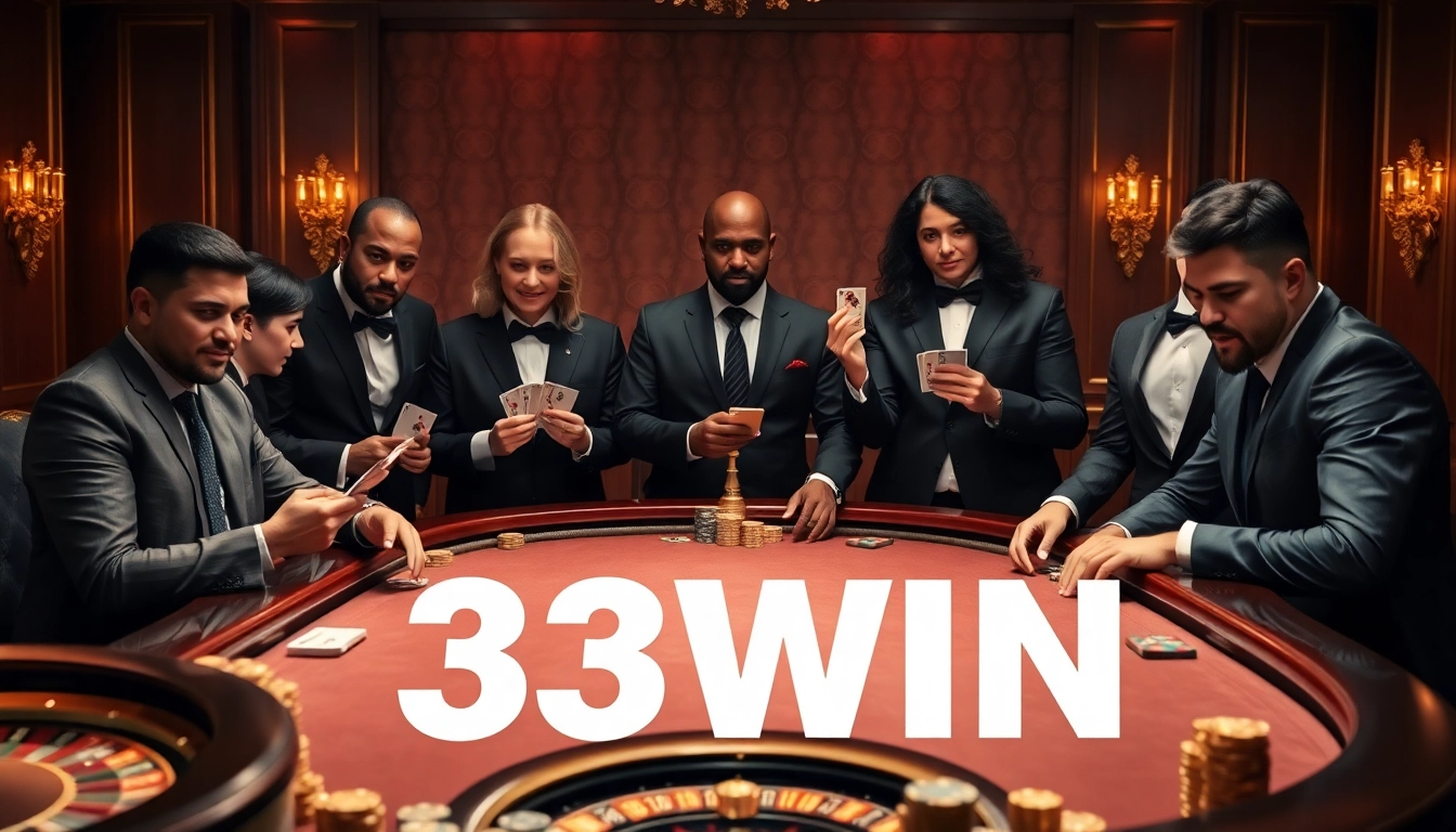 Experience the thrill of 33WIN poker with professional players at a luxurious casino table.