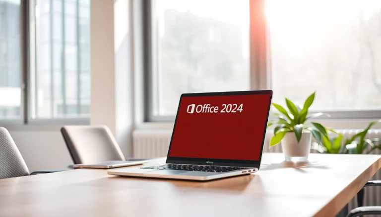 Microsoft Office 2024 Dauerlizenz für PC sichtbar auf einem eleganten Laptop in einer modernen und einladenden Büroarbeitsumgebung.