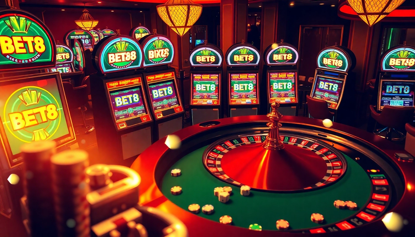 Experience the thrill at BET88 with vibrant slot machines and an elegant roulette table.