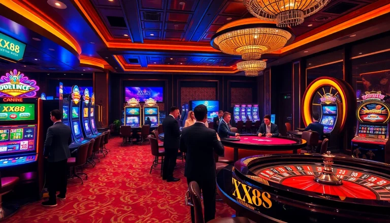 Experience the thrill of XX88 with vibrant casino gaming tables and lively players enjoying the action.