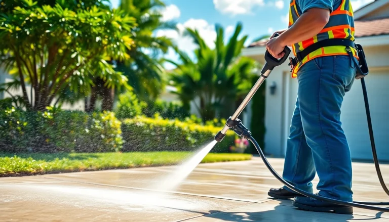 Concrete cleaning in Kissimmee, a technician power washing a driveway with equipment.