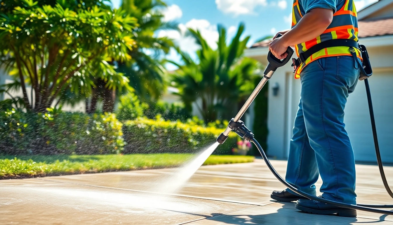 Concrete cleaning in Kissimmee, a technician power washing a driveway with equipment.