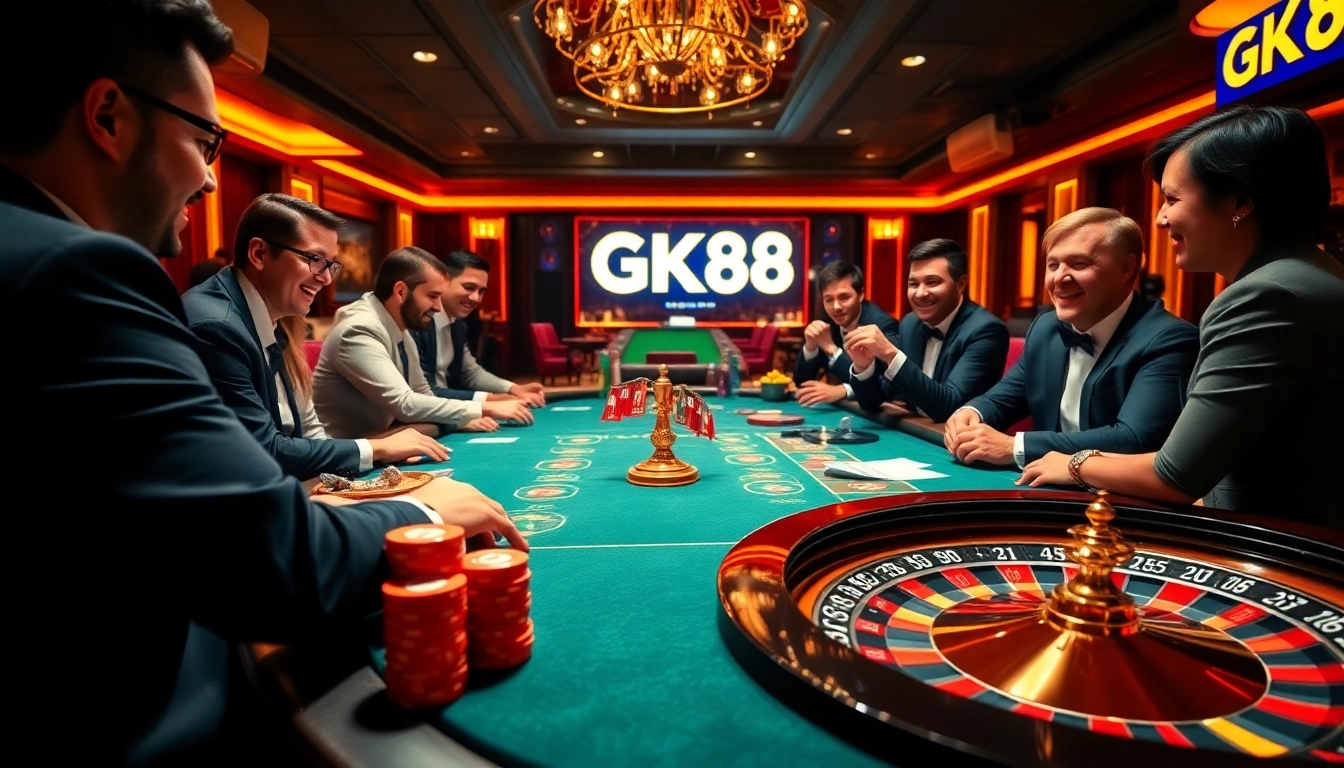 Players enjoying a thrilling game at GK88 casino table, celebrating big wins.