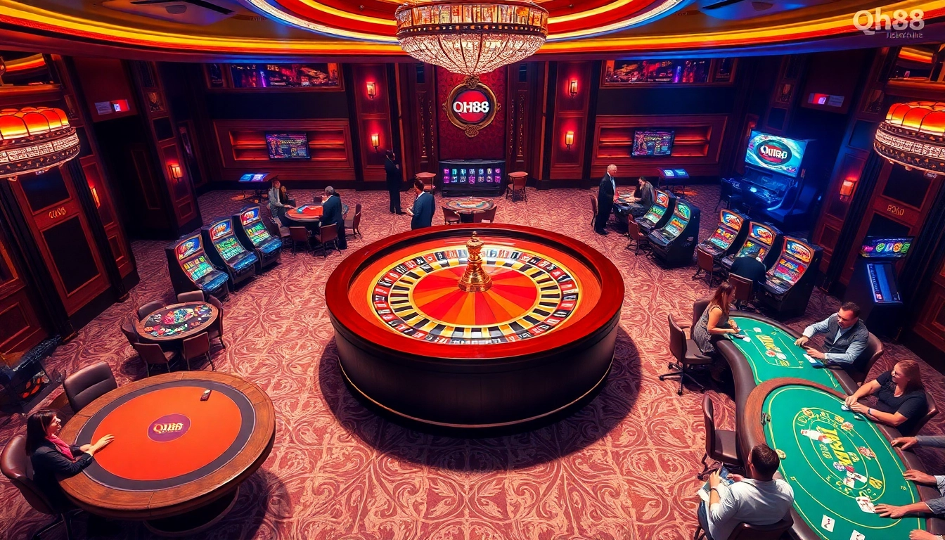 Experience the excitement of qh88 with players immersed in high-stakes gambling at a luxurious casino.