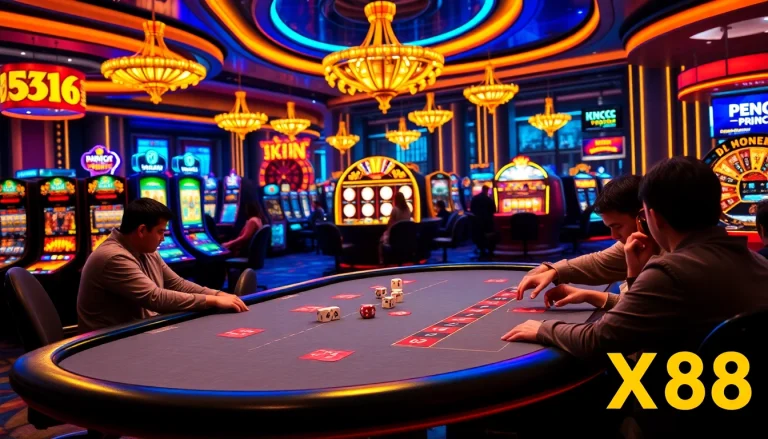Engage with strategic gameplay at XX 88's vibrant poker table in a luxurious casino setting.