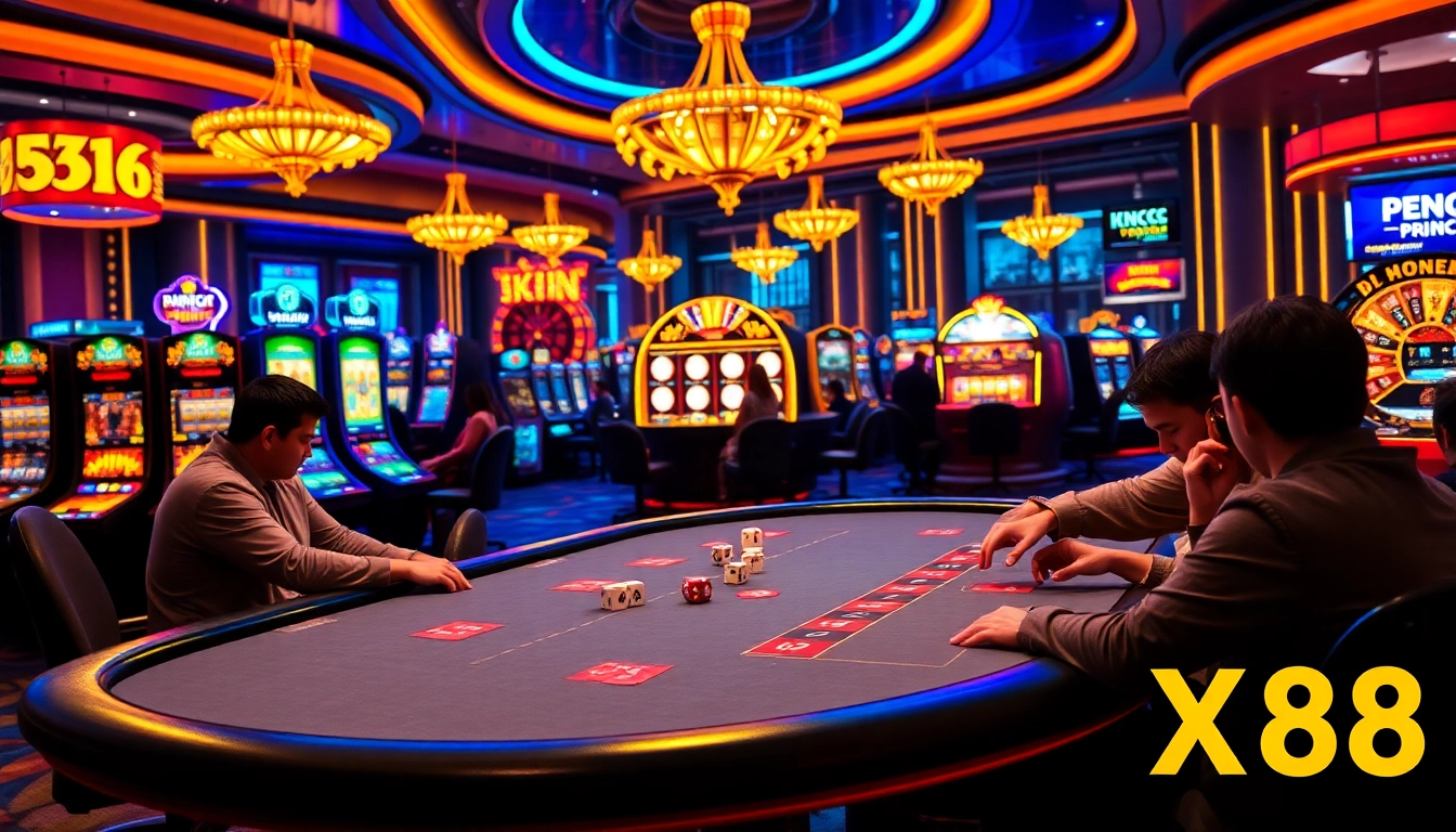 Engage with strategic gameplay at XX 88's vibrant poker table in a luxurious casino setting.