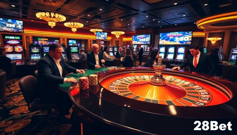 Experience thrilling gameplay at 28Bet with vibrant casino tables and engaged players.