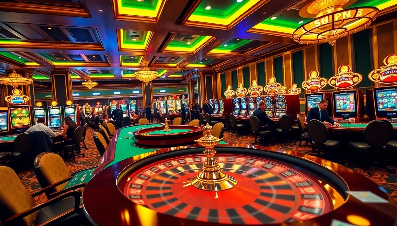 Exciting gaming action at https://go88vn.id/ casino with players at tables and vibrant slot machines.