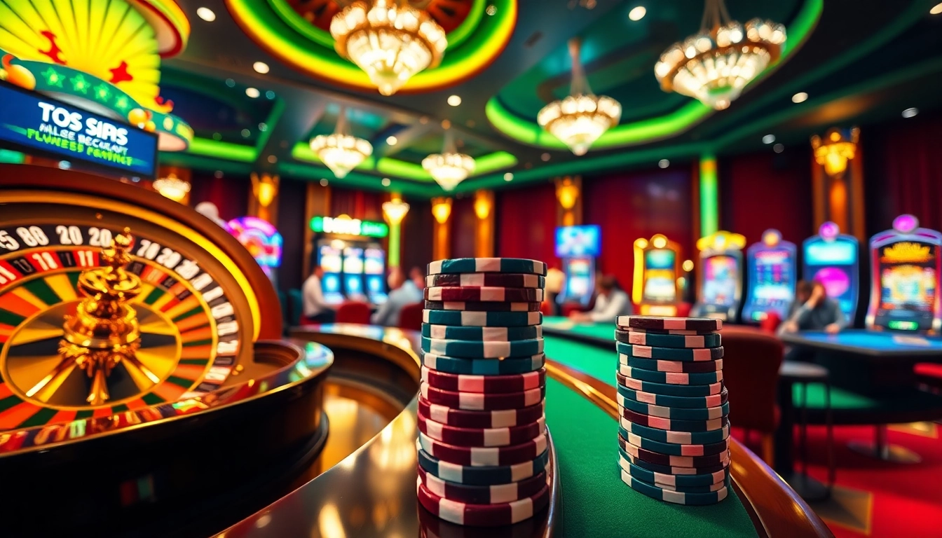 Engaging players at a vibrant casino scene inspired by https://lode88uk.com/ with roulette and slot elements.