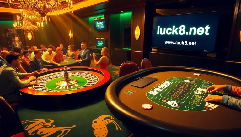 Một cảnh sòng bài đầy kịch tính cho thấy người chơi đang thưởng thức các trò chơi tại https://luck8.net, với bàn roulette và blackjack.