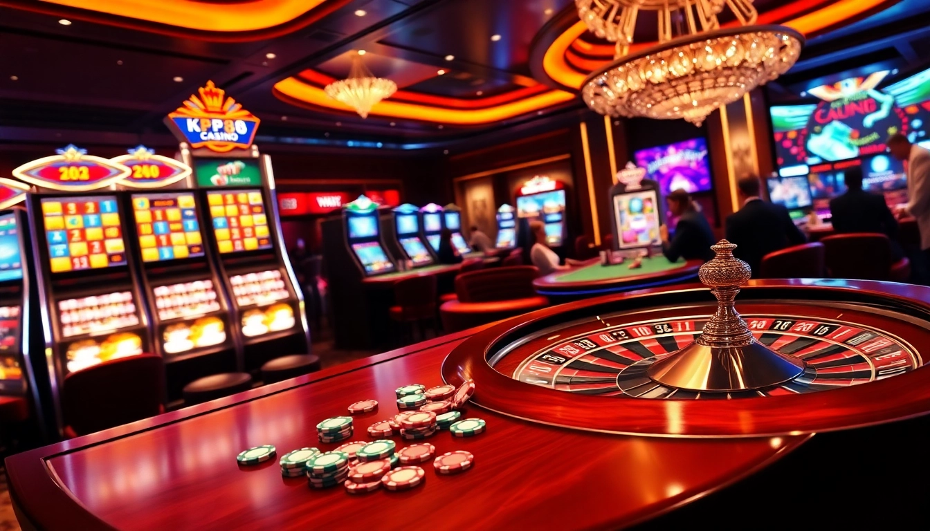 Join the thrilling gameplay at KP88 with vibrant casino visuals, tables, and chips.