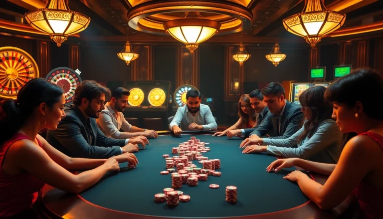 Experience the excitement of home vvjl with players at a vibrant poker table in a luxurious casino.