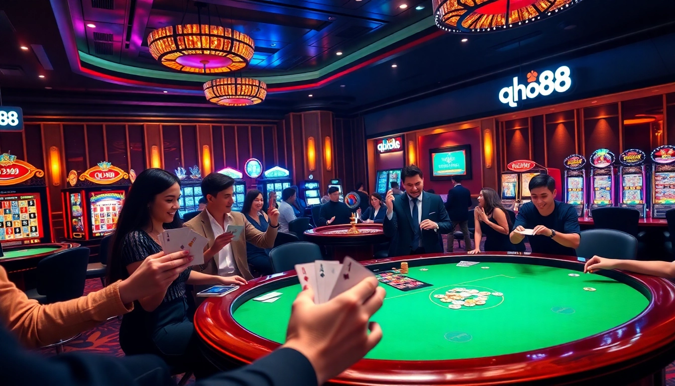 Excited players engage at qh88 casino table with vibrant slot machines in luxurious setting.