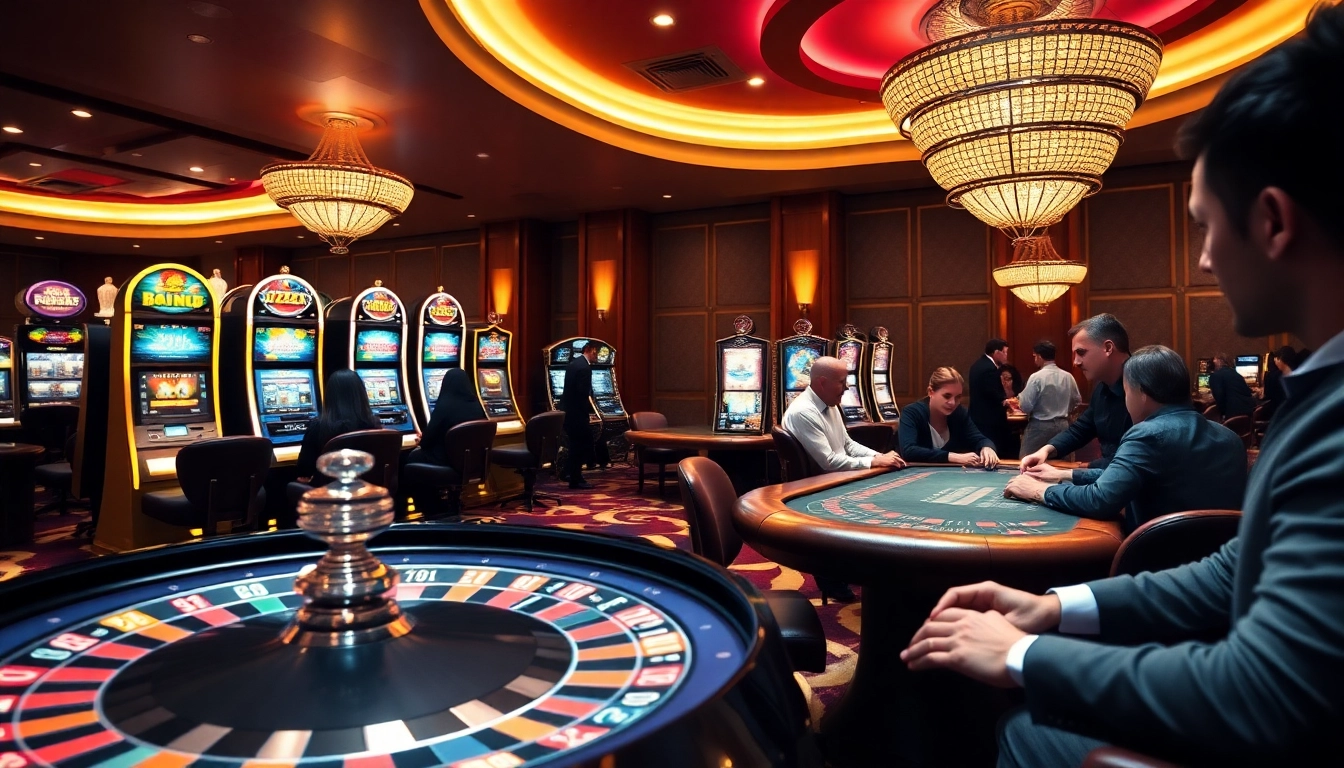 Experience the thrill of 222BD gaming at a vibrant casino filled with roulette and slot machines.