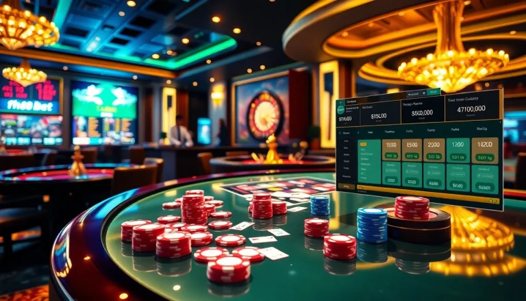 Immerse in the excitement of DH88 Bet at a luxurious casino with vibrant gaming tables and engaged players.
