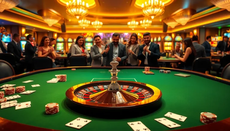 B52club players enjoying an elegant casino atmosphere with roulette and poker.