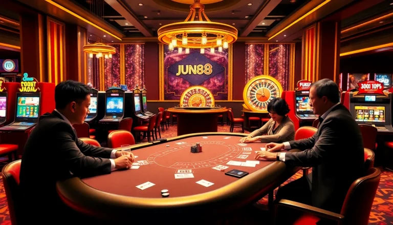 Players enjoying a thrilling poker game at JUN88.rodeo's vibrant casino platform.