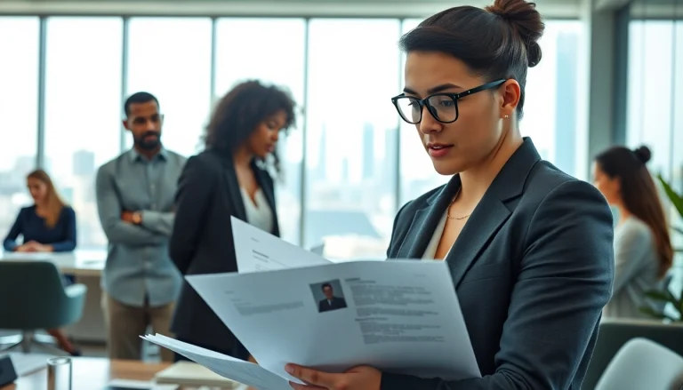 Headhunter Schweiz am Arbeitsplatz, während er Lebensläufe überprüft und mit einem Team von Fachleuten kommuniziert.