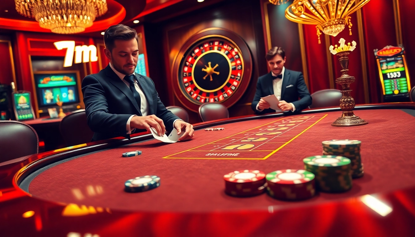 A high-stakes poker game showcasing 7m-themed elements with professional players and vibrant casino ambiance.
