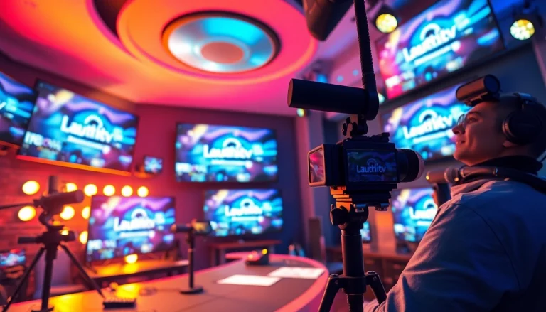Engaging Lauthaitv streaming studio scene with vibrant visuals and technology.
