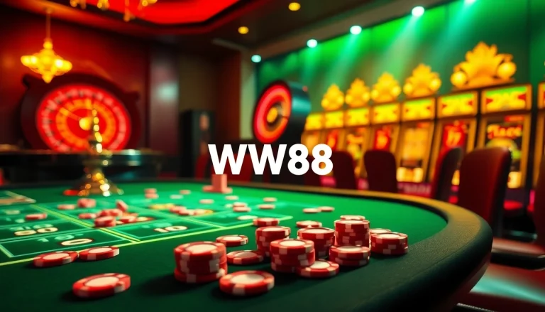 Experience the excitement of ww88 with vibrant gambling elements and a luxurious online casino setting.