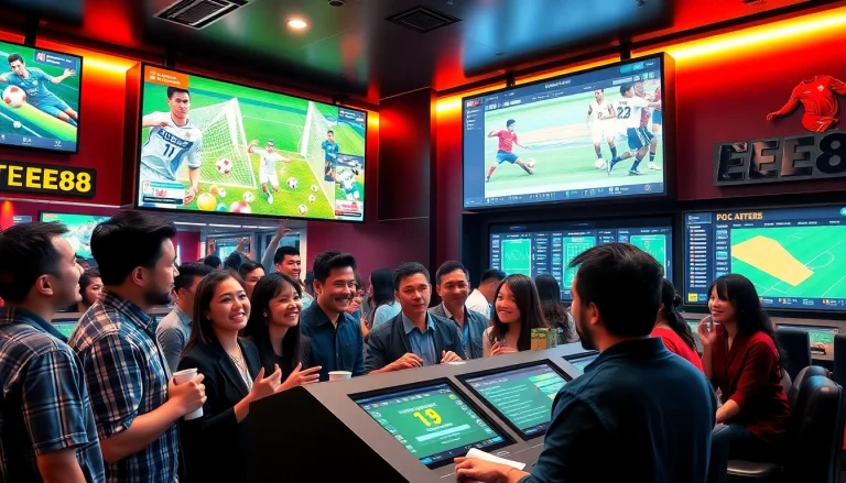 Engaged gamblers placing bets at thể thao ee88 betting terminals amidst an exciting sports ambiance.