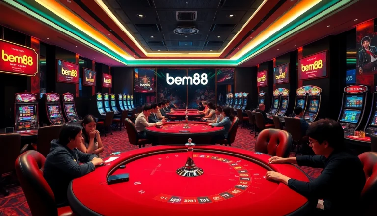 Excited players enjoying casino games at bem88, highlighting poker tables and vibrant slot machines.