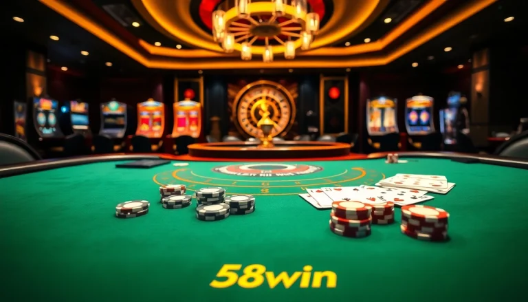 Exciting gameplay scene at 58win casino with vibrant slot machines and poker action.